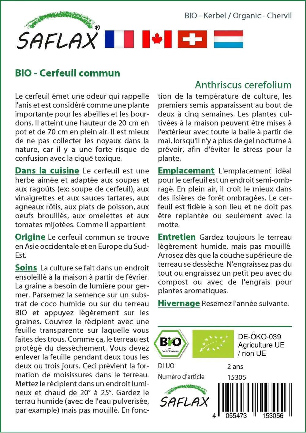 Kit De Culture - Bio - Cerfeuil Commun - 800 Graines - Anthriscus Cerefolium – Image 3